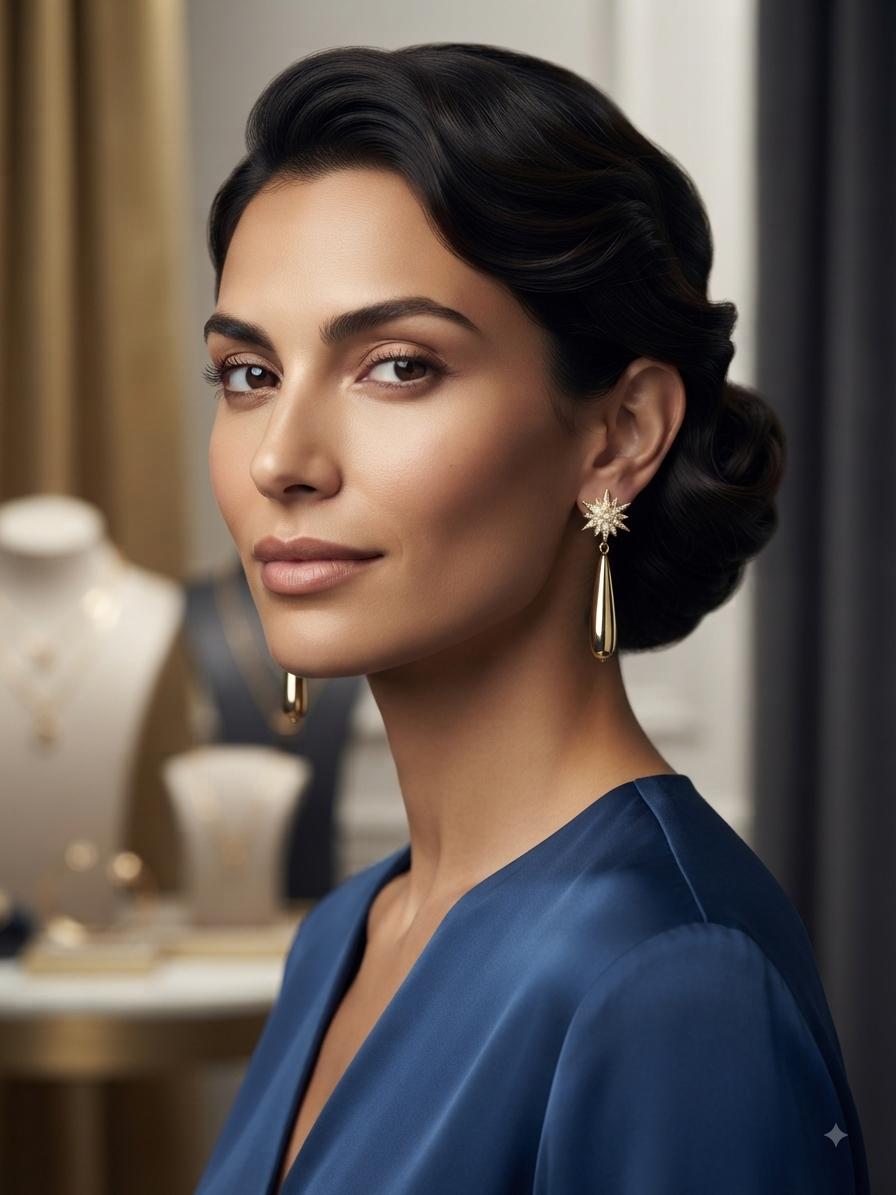 Pendientes dorados con estrellas engastadas y colgantes lágrima, en oreja de mujer.