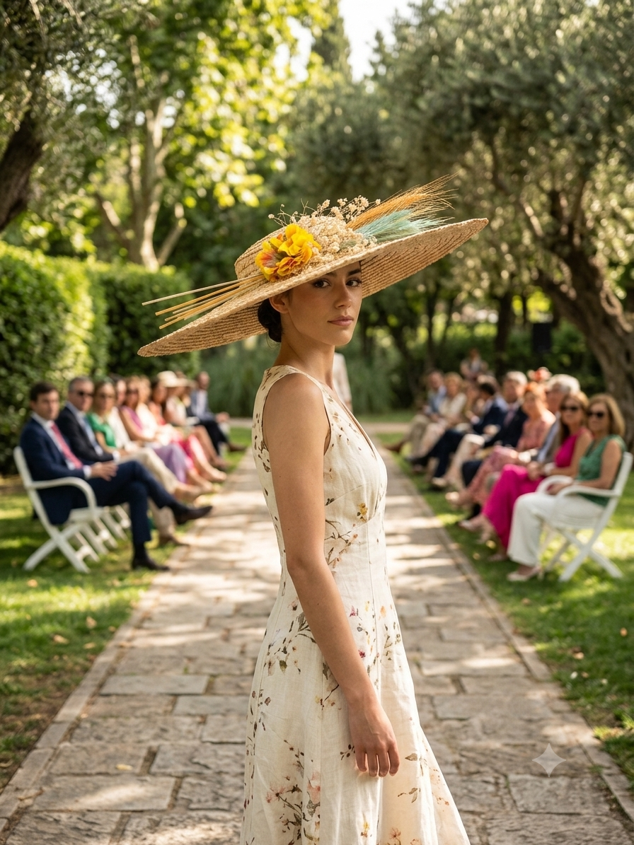 Sombrero de paja beige de ala ancha con flor amarilla y detalles turquesa en la modelo