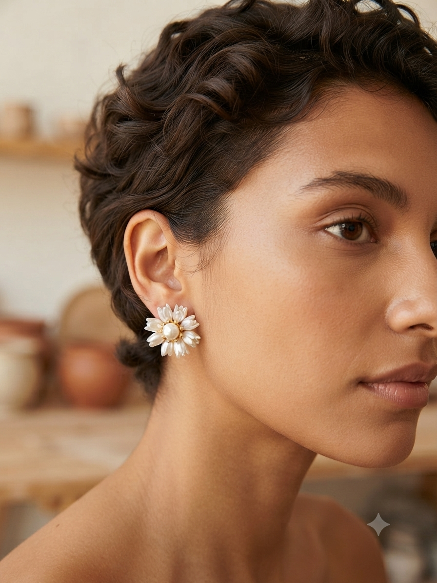 Pendientes florales blancos con perla central en la oreja, acabado dorado