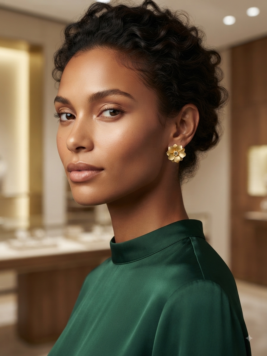 Pendientes con flores doradas y pedrería central, en la oreja de una modelo