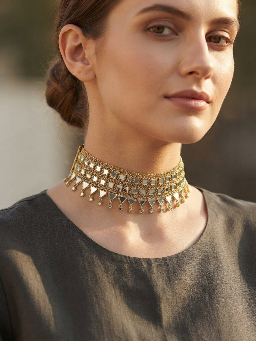 Choker Pegaso dorado con pedrería azul y puntas colgantes en el cuello