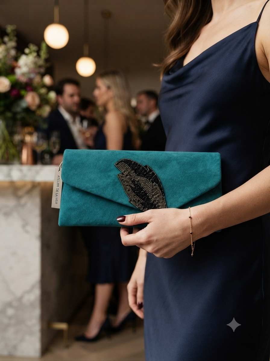 Bolso turquesa con solapa y bordado tipo ojo, sostenido con una mano