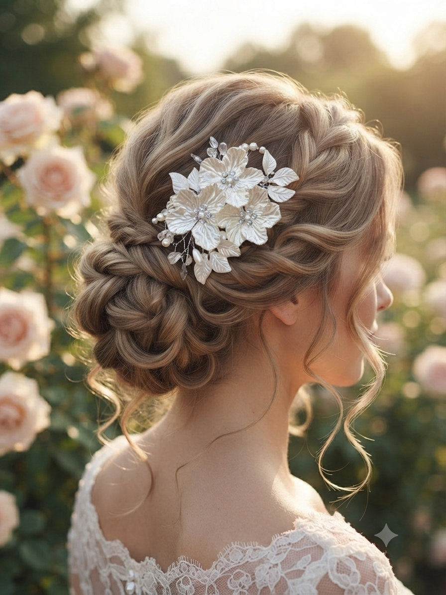 Peina de cabello floral plateada colocada en peinado recogido