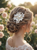 Peina de cabello floral plateada colocada en peinado recogido