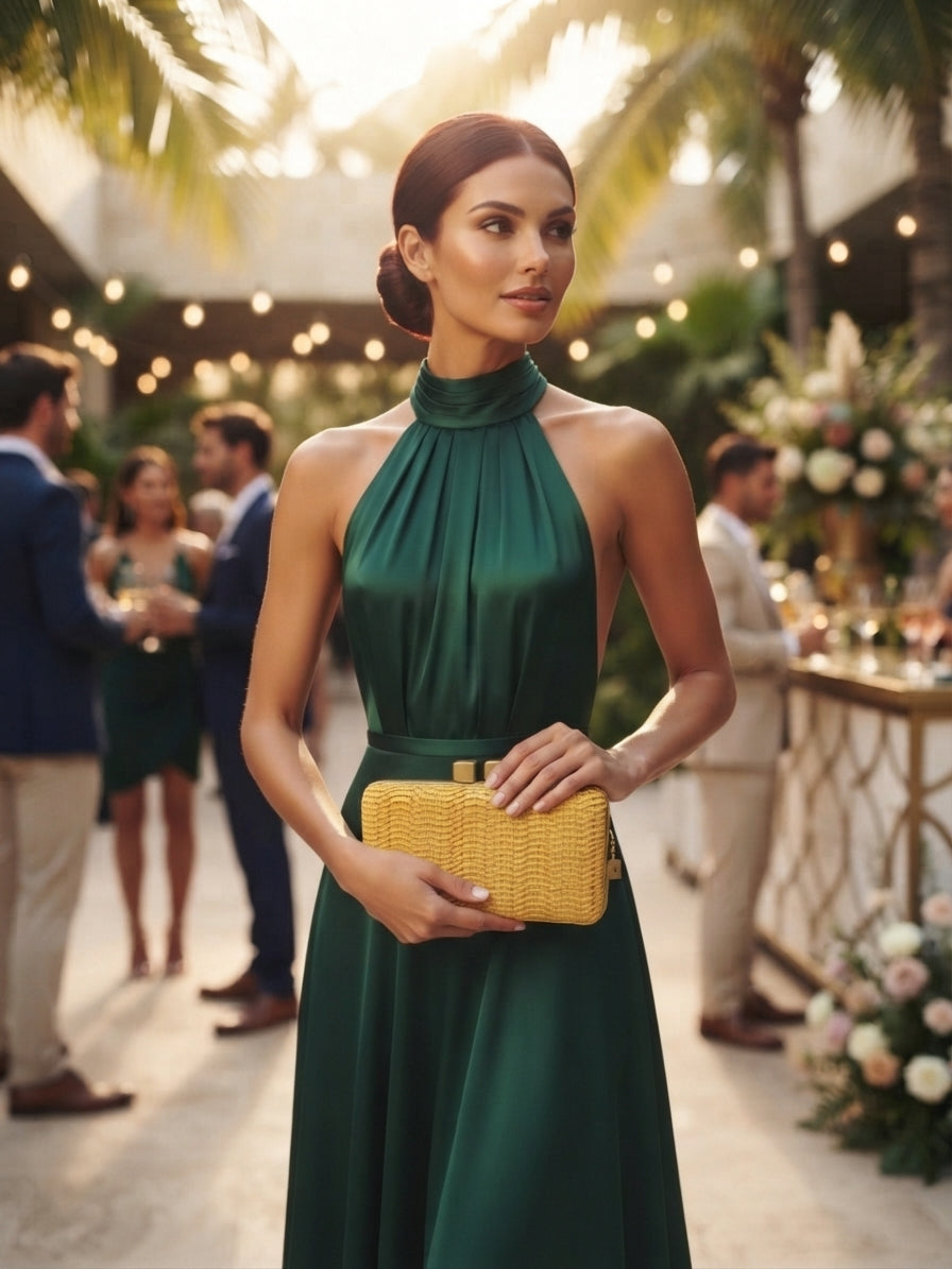 Bolso Miami de tejido trenzado amarillo con cierre metálico, estilo clutch.