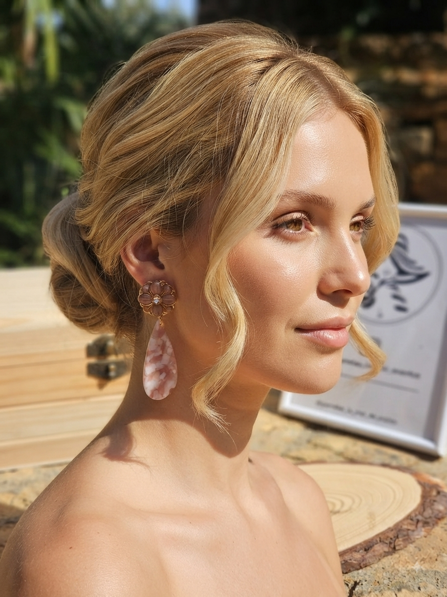 Pendientes en la oreja: flor dorada y colgante gota rosa jaspeada.