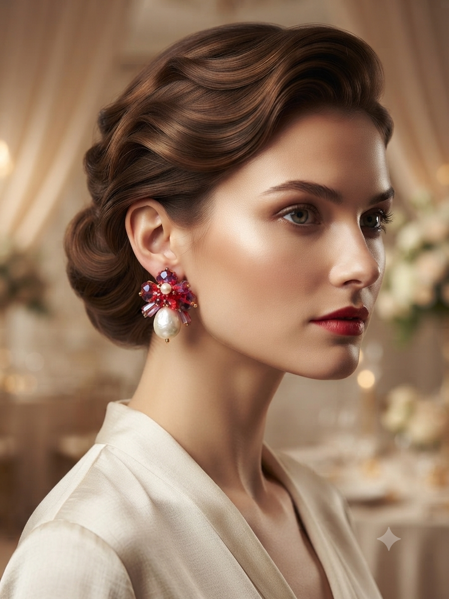 Pendientes con cristales rojos y perlas, estilo lazo en la oreja