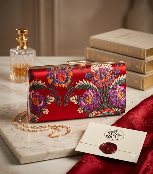Bolso Kumbia rojo floral con cadena dorada y cierre metálico