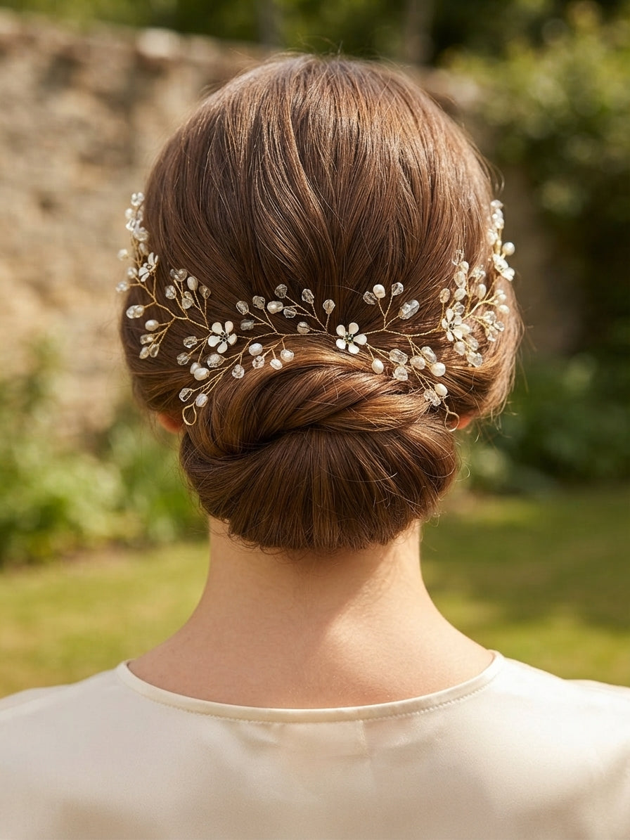 Tiara de novia Kalinda con flores metálicas y pedrería, en un moño recogido