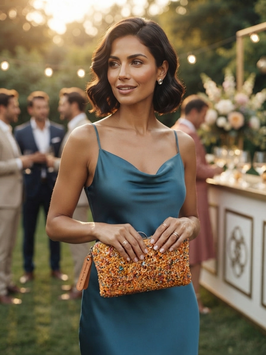 Bolso de cuentas naranja multicolor con asa metálica en manos de una mujer con vestido azul.