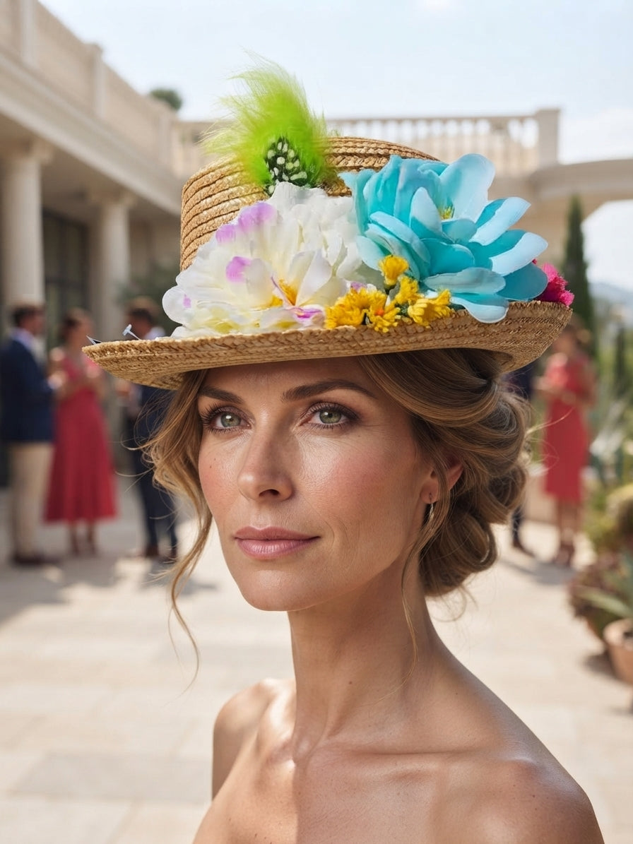Sombrero de paja beige con flores blancas y azules, margaritas amarillas y pluma verde