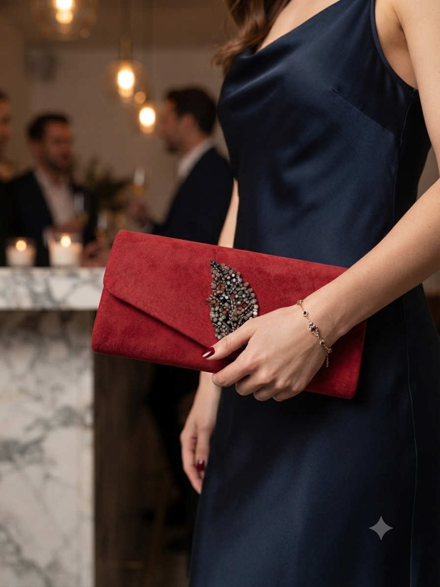 Bolso Madrid rojo tipo cartera con solapa y pedrería oval, sujeto con la mano