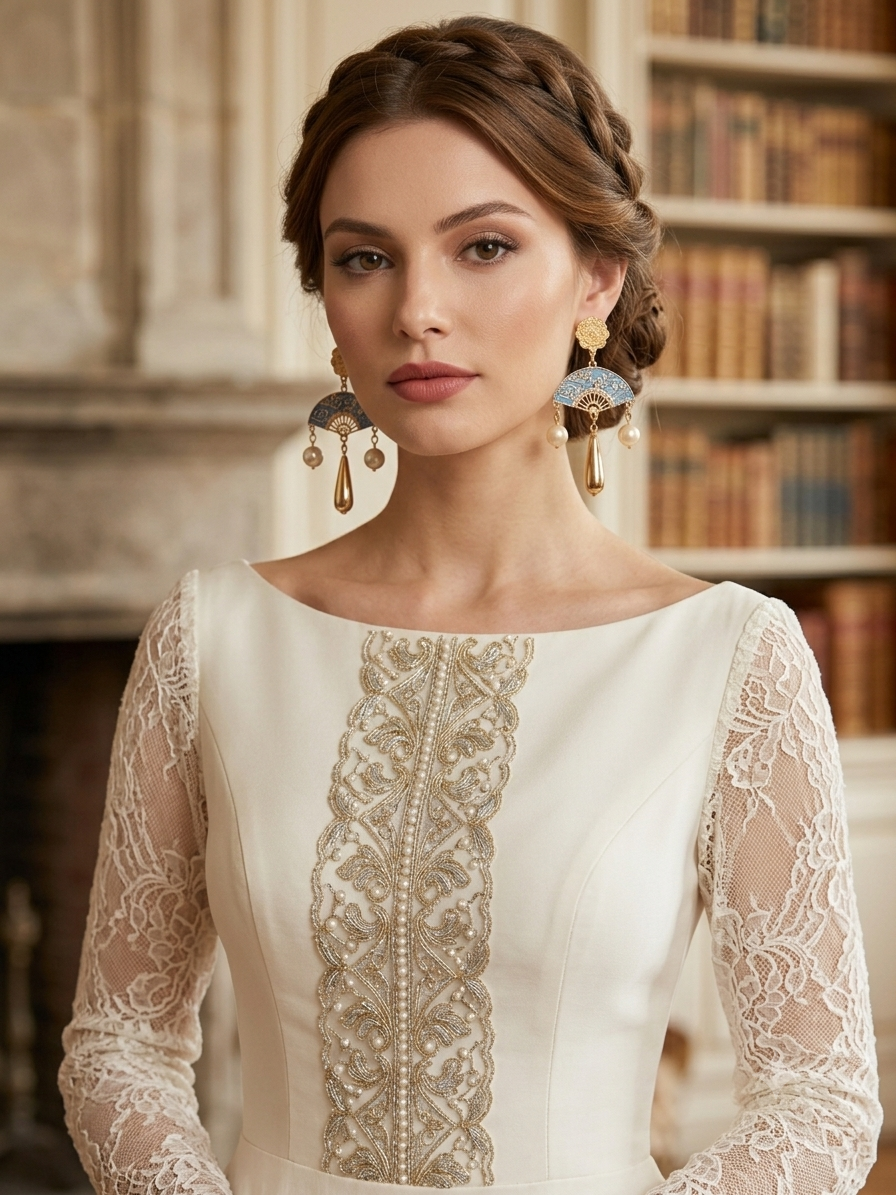 Pendientes andalusíes dorados colgantes con borlas y perlas; pieza floral superior.