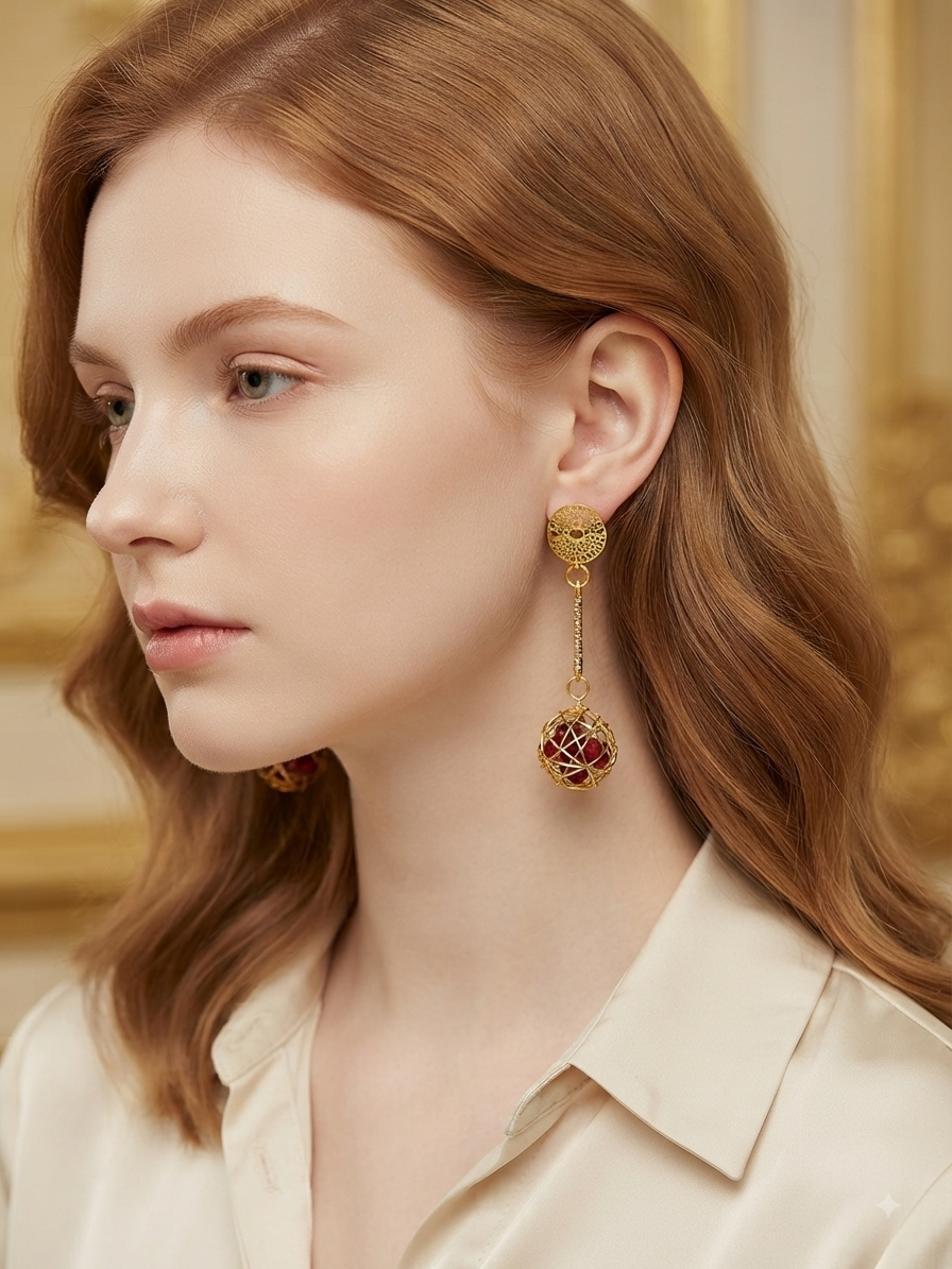Pendientes dorados colgantes con esfera roja y cuentas; en oreja de una mujer.