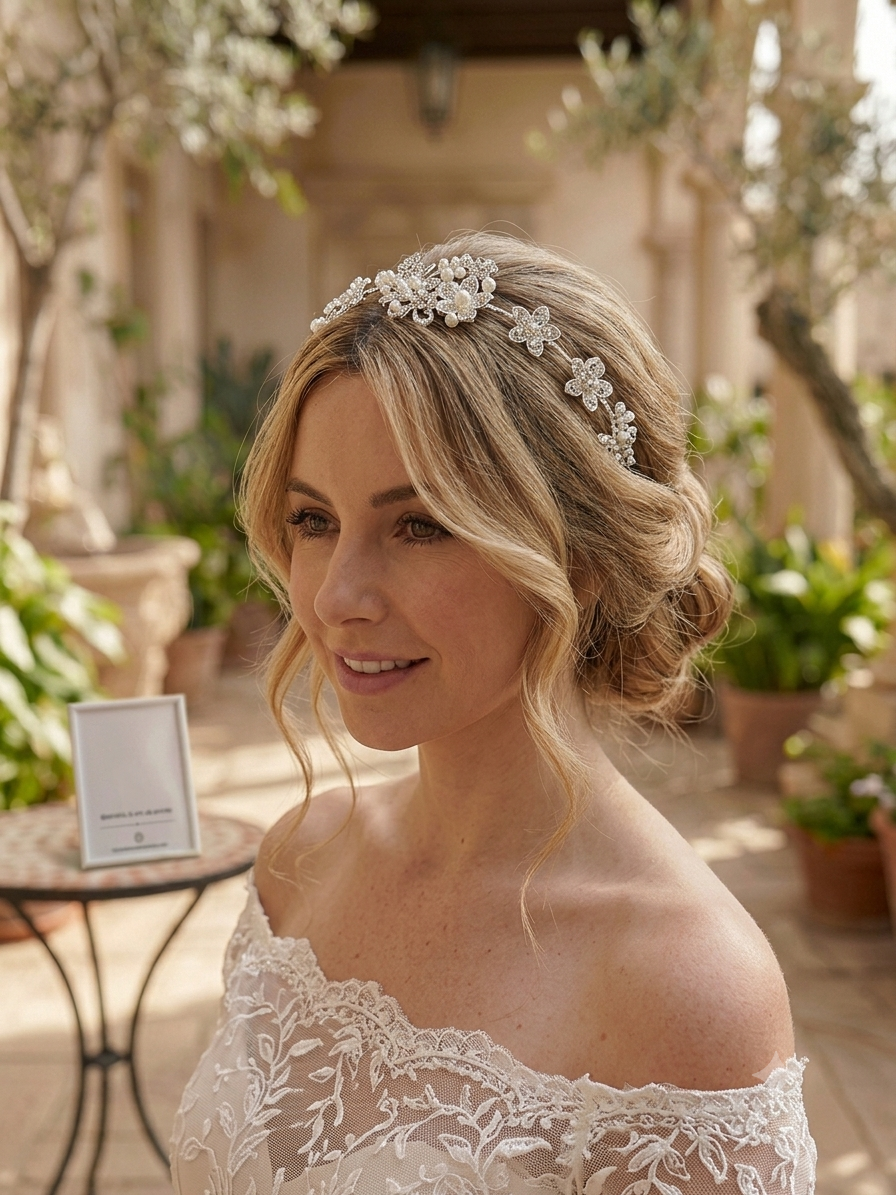 Tiara Denissa plateada con flores y pedrería en la cabeza, usada con vestido blanco
