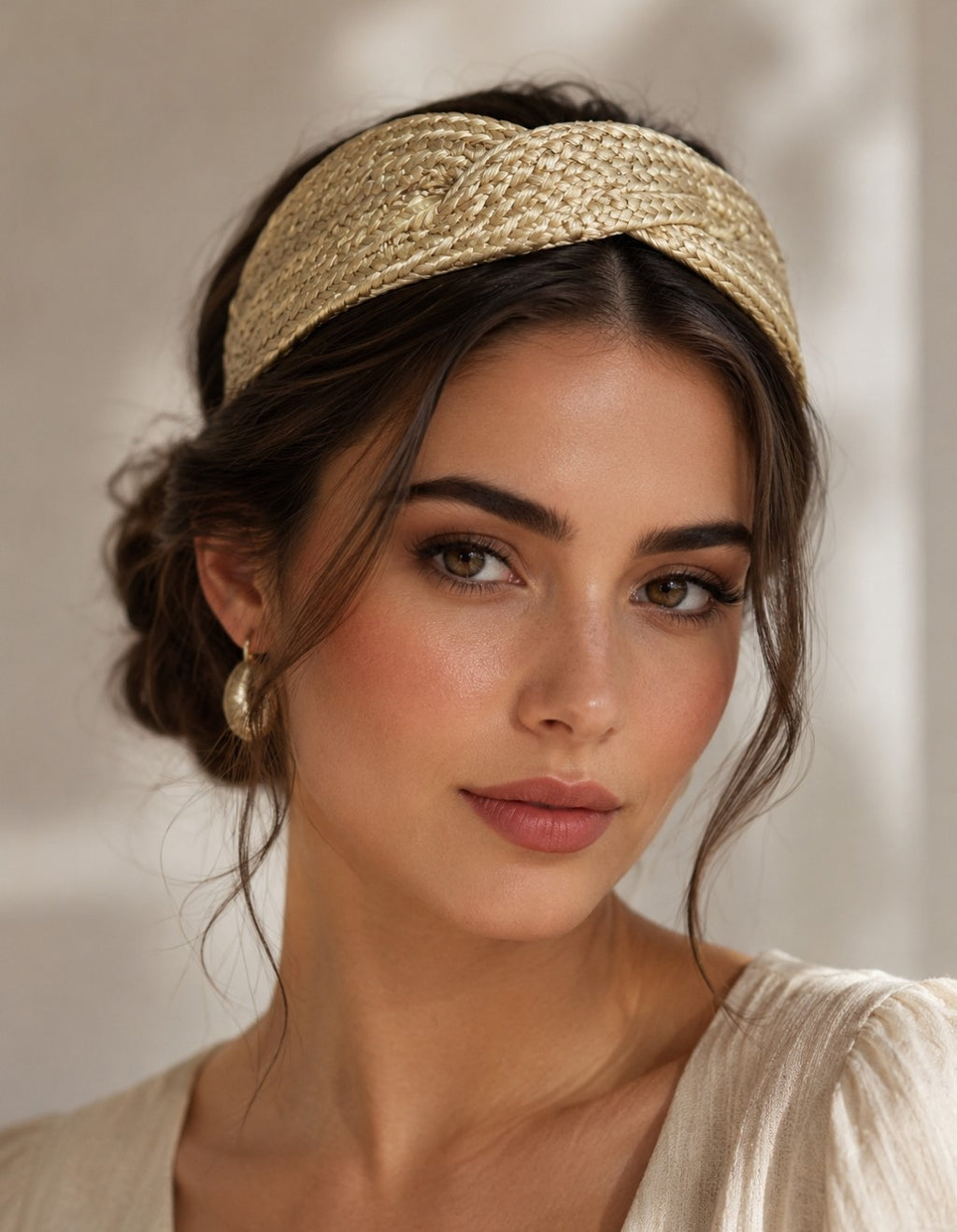 Diadema dorada ancha con textura tejida, sobre el cabello