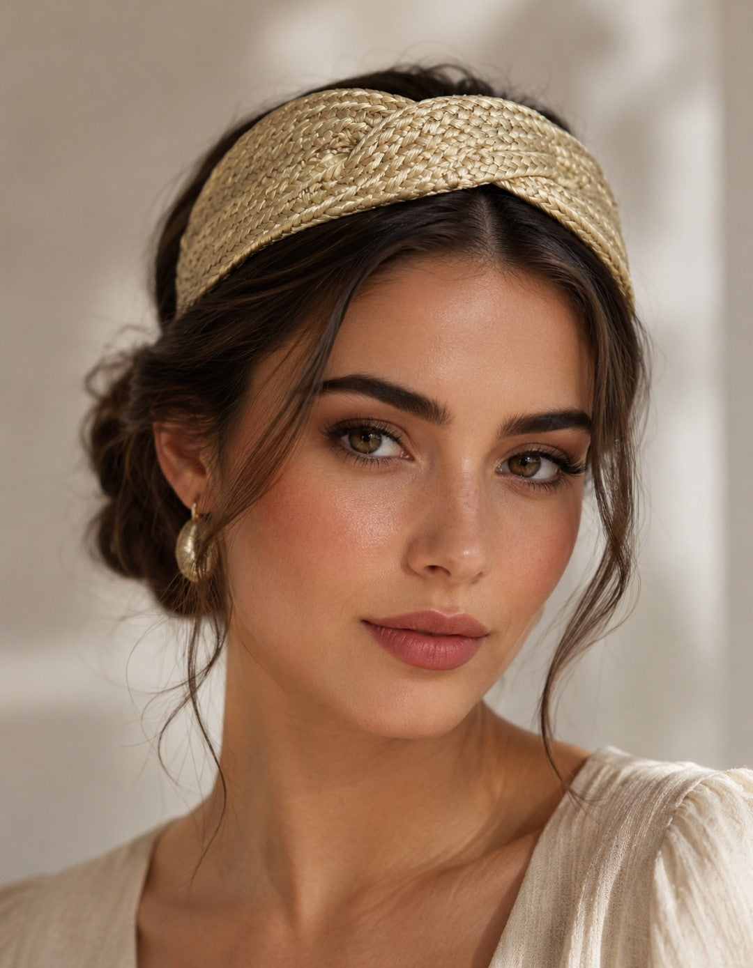 Diadema dorada ancha con textura tejida, sobre el cabello