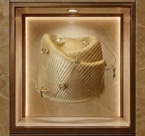 Sombrero de rafia dorada con mariposas, dentro de marco iluminado