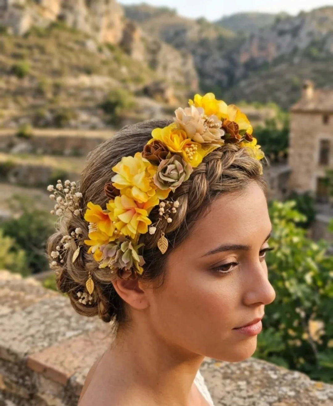 Diadema floral amarilla en el cabello, con flores marrones y beige, de perfil